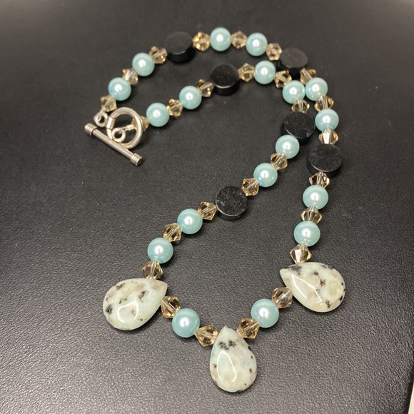 Dalmatian Jasper necklace Swarovski crystal glass pearl - Picture 3 of 5